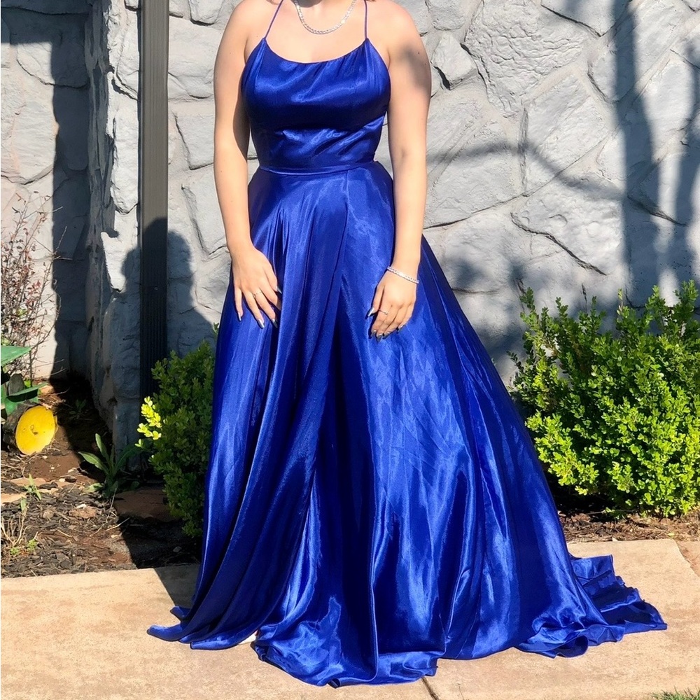 Cobalt Blue Satin Prom Dress Size 11/12 – Spaghetti Strap Formal Gown